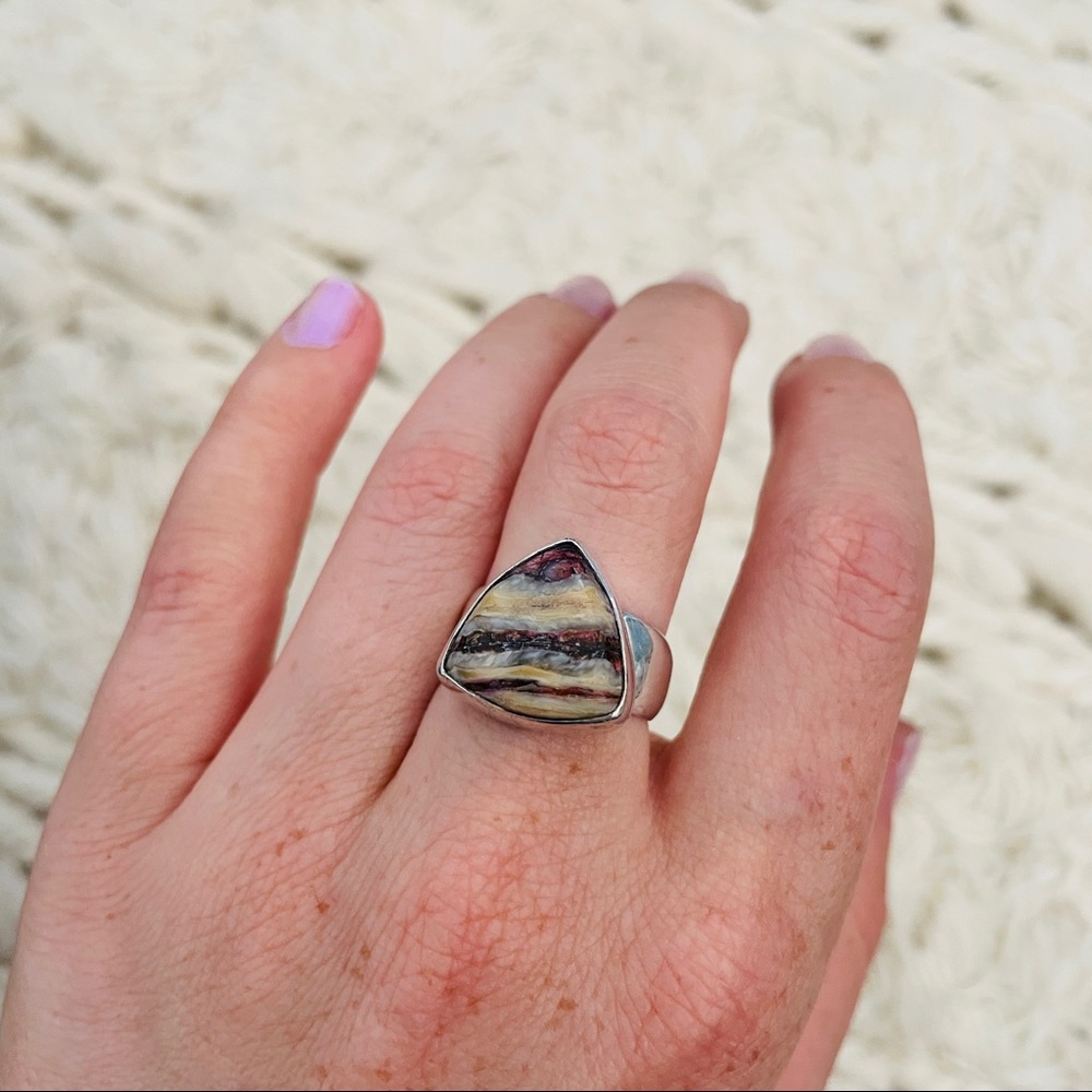 Triangular Alaskan Rainbow Jasper Ring, Set In St… - image 8